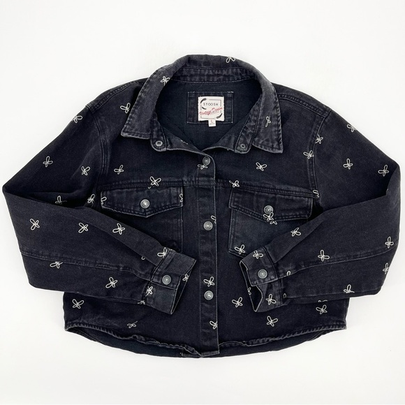 Stoosh Vintage Denim Black Butterfly Print Cropped Jean Jacket Size Large - Picture 1 of 8